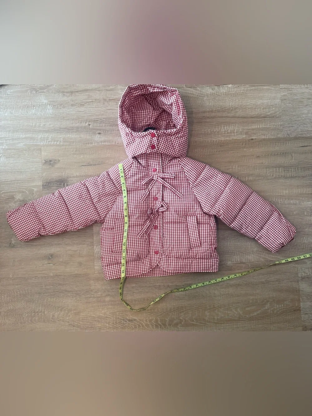 Red and White Houndstooth Puffer Jacket with Hood NWOT